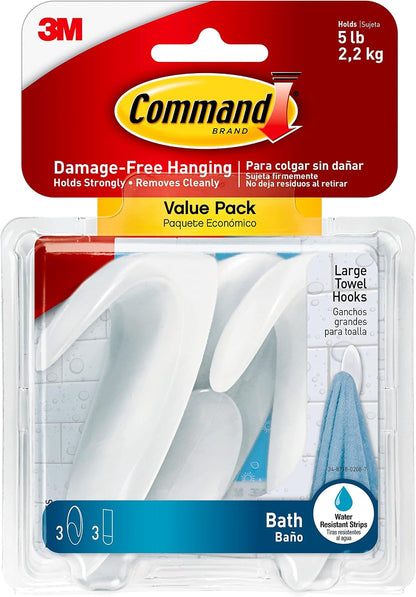 Command Large White Bath Hooks, 3 Hooks, 3 Strips