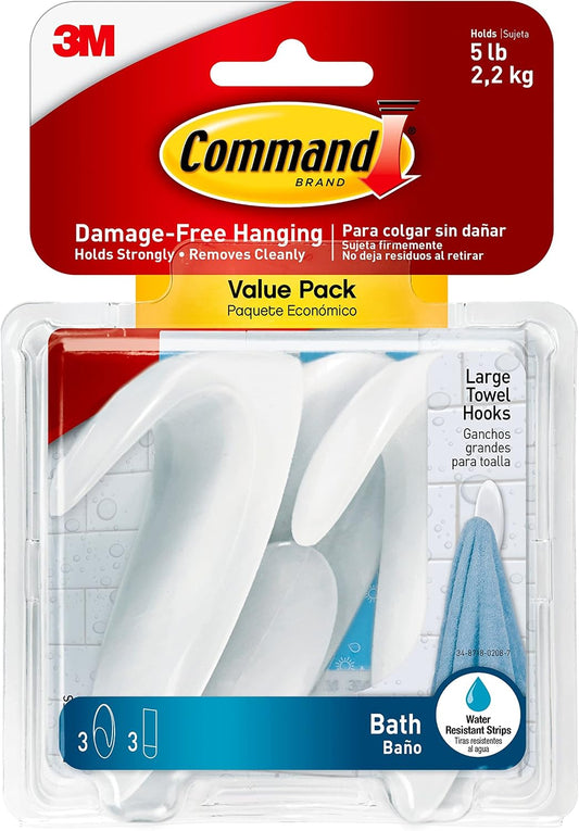 Command Large White Bath Hooks, 3 Hooks, 3 Strips