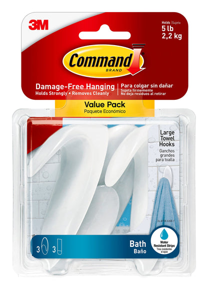 Command Large White Bath Hooks, 3 Hooks, 3 Strips