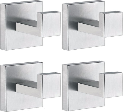 Towel Hooks for Bathrooms, Brushed Nickel Towel Hook for Kitchen Bathroom, SUS304 Stainless Steel Coat Hook, Square Heavy Duty Holder Robe Hooks for Hanging Towels, Coats, sponges, Wall Mount, 4 Pack