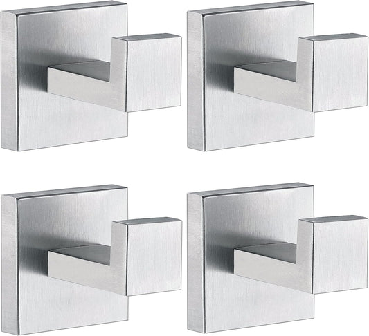 Towel Hooks for Bathrooms, Brushed Nickel Towel Hook for Kitchen Bathroom, SUS304 Stainless Steel Coat Hook, Square Heavy Duty Holder Robe Hooks for Hanging Towels, Coats, sponges, Wall Mount, 4 Pack