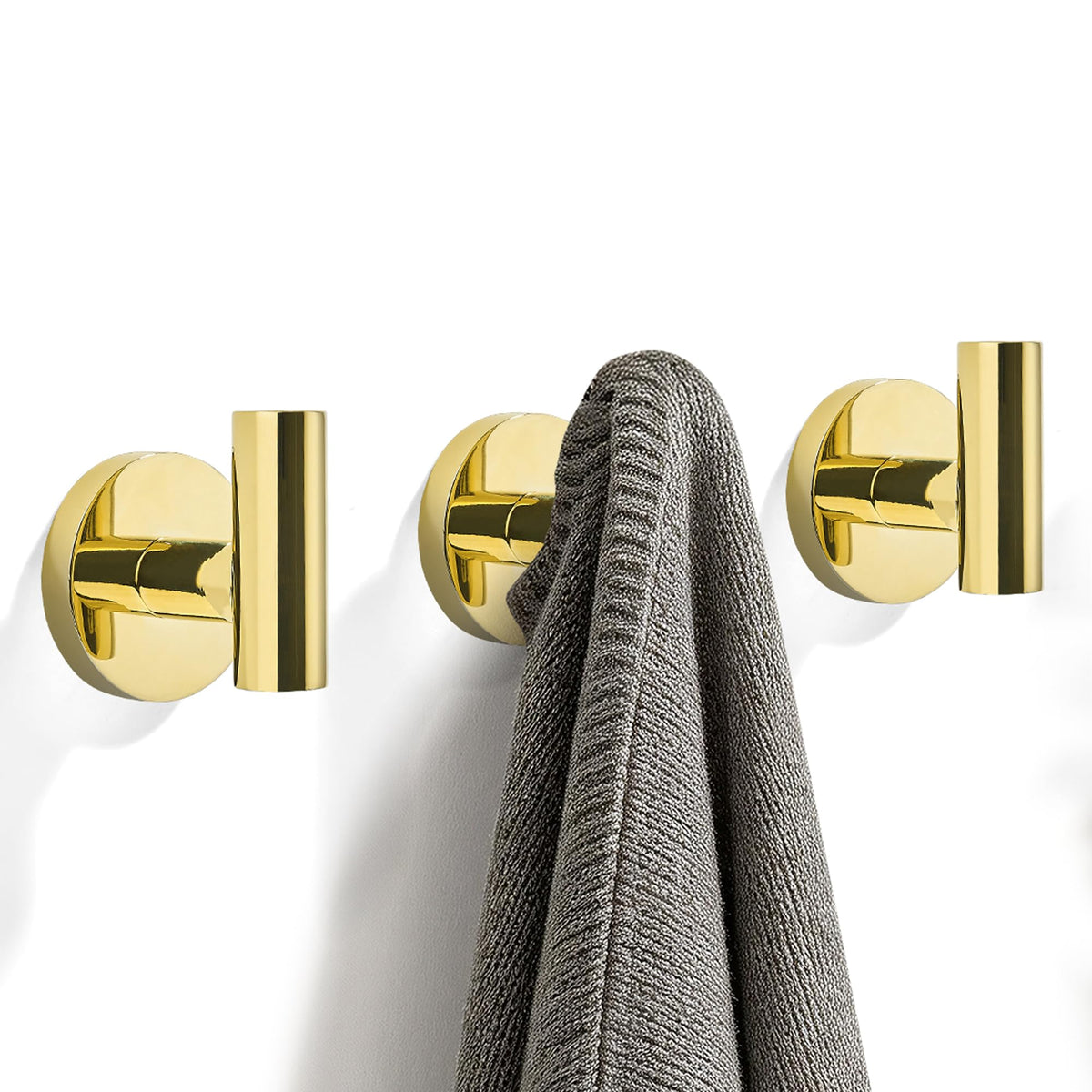TUNNY 3 Pack Round Bathroom Towel Hooks - Champagne Gold Robe & Coat Hooks for Bathroom & Bedroom