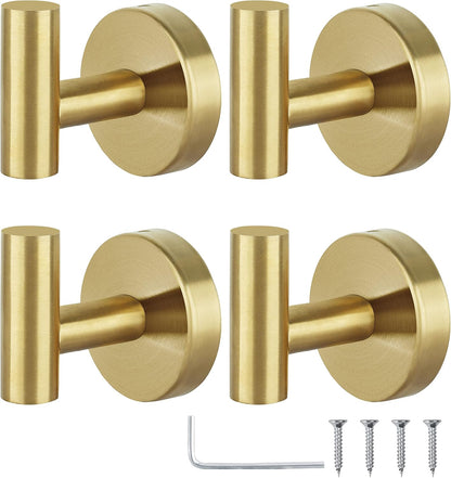 Towel Hooks Bathroom Coat Robe Hook Stainless Steel Heavy Duty Door Hanger Towel Robe Clothes Cabinet Wall for Bathroom Bedroom Kitchen Hotel Pool 4 Packs (Gold)