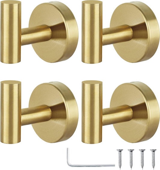 Towel Hooks Bathroom Coat Robe Hook Stainless Steel Heavy Duty Door Hanger Towel Robe Clothes Cabinet Wall for Bathroom Bedroom Kitchen Hotel Pool 4 Packs (Gold)