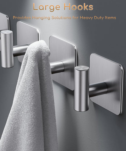 Aikzik 4 Pack Large Heavy Duty Wall Hooks - 26lb Max, Stainless Steel Adhesive Towel Hook, Shower Hooks for Hanging Towel, Coat, Robe, Wall Hook for Use in Bathroom, Kitchen and Door