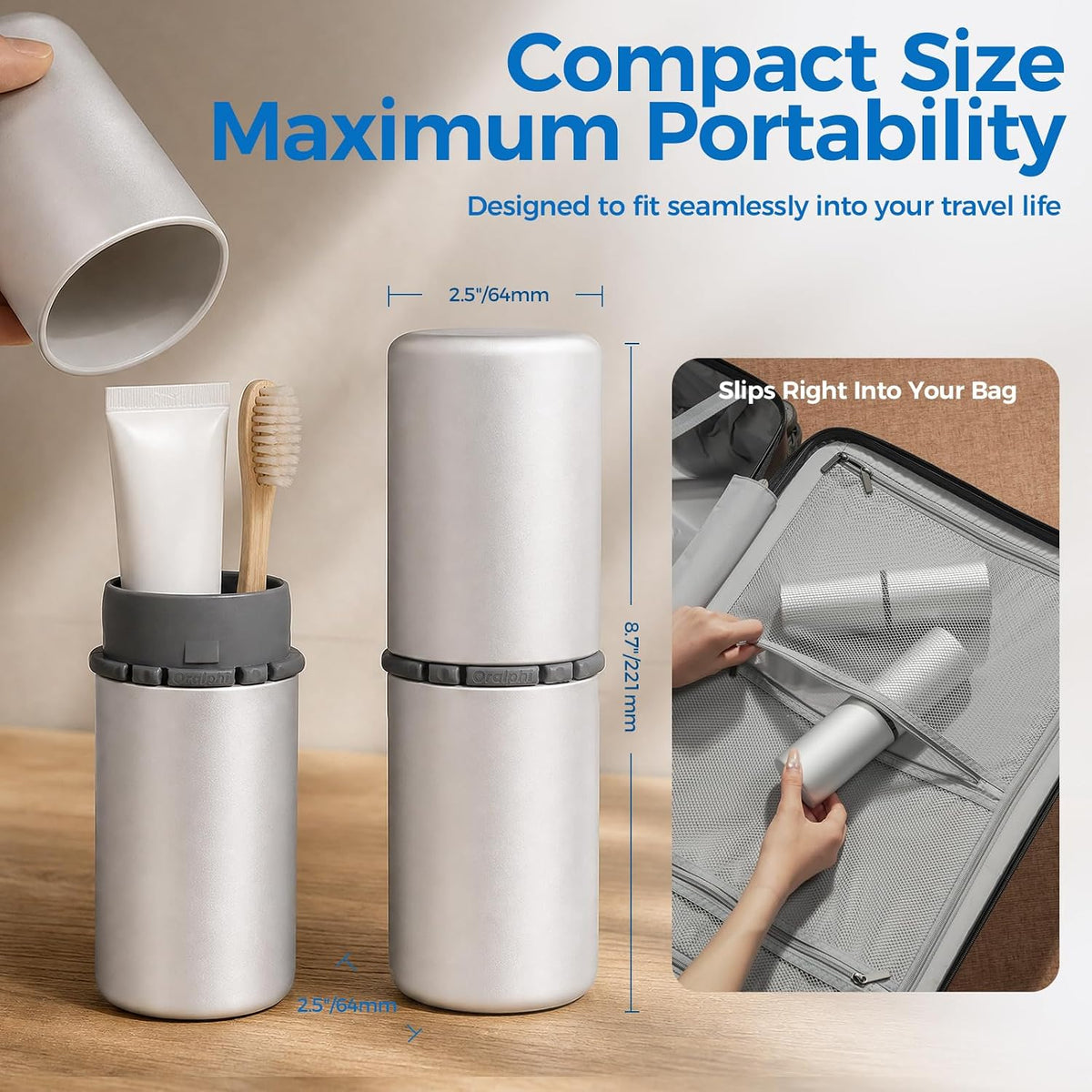 Aluminum Toothbrush Travel Case, Travel Toothbrush and Toothpaste Holder, Portable Toothbrush Mouthwash Cup Holder with Cover for Traveling, Bathroom, Camping, Business Trip-1Pack Silver