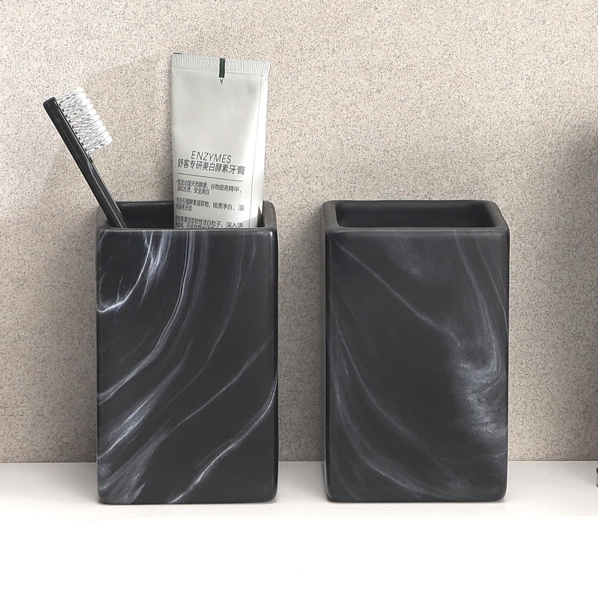 Ceramic Black Square Toothbrush Holder for Bathrooms - 1 Cup Square Toothbrush Toothpaste Holders, Bathroom Tumbler Cup Reusable Toothbrush Mouthwash Cup, Bathroom Counter Organizer.