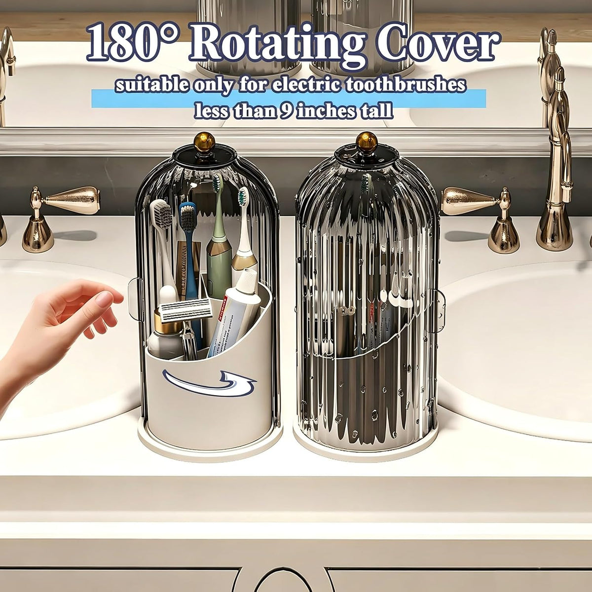 Waterproof Toothbrush Holder with 180° Rotating Cover, Grey White