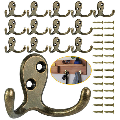 Homanu 14 Pack Black Coat Hooks Wall Mounted Double Prong with 28 Screws