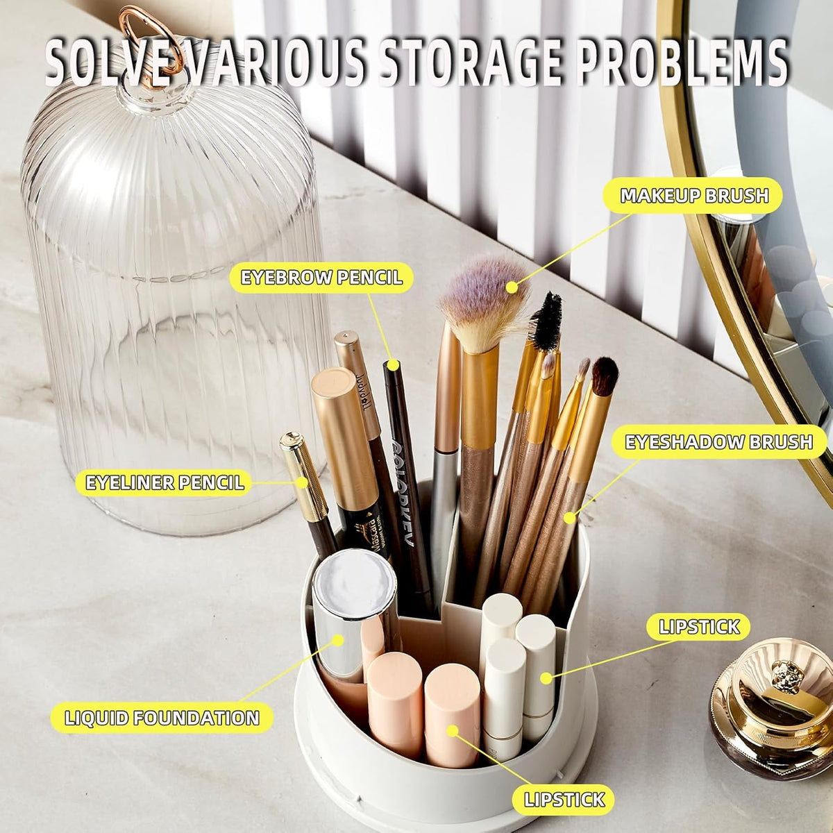 Rotate Toothbrush Holder with Cover, Transparent PC Cosmetic Makeup Organizer, Countertop Vanity Storage Caddy, Dustproof Enclosed Box for Toothbrush, Toothpaste & Toiletries