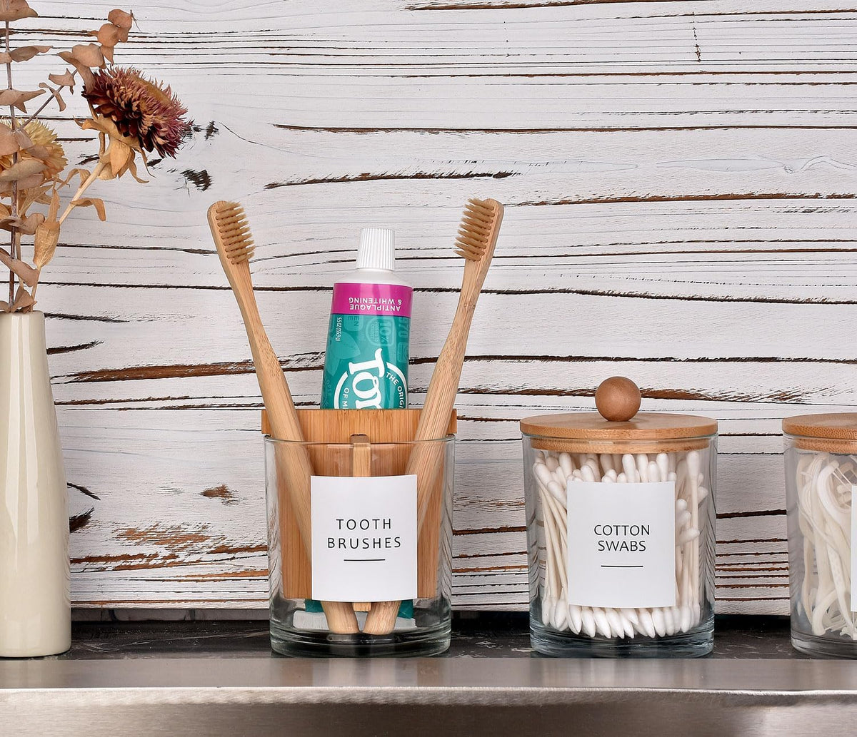 Glass Toothbrush and Toothpaste Holder with Bamboo Divider for Bathroom Countertop, Toothbrush Organizer Stand for Bathroom Vanity Countertops - 1 Pack