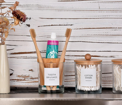 Glass Toothbrush and Toothpaste Holder with Bamboo Divider for Bathroom Countertop, Toothbrush Organizer Stand for Bathroom Vanity Countertops - 1 Pack