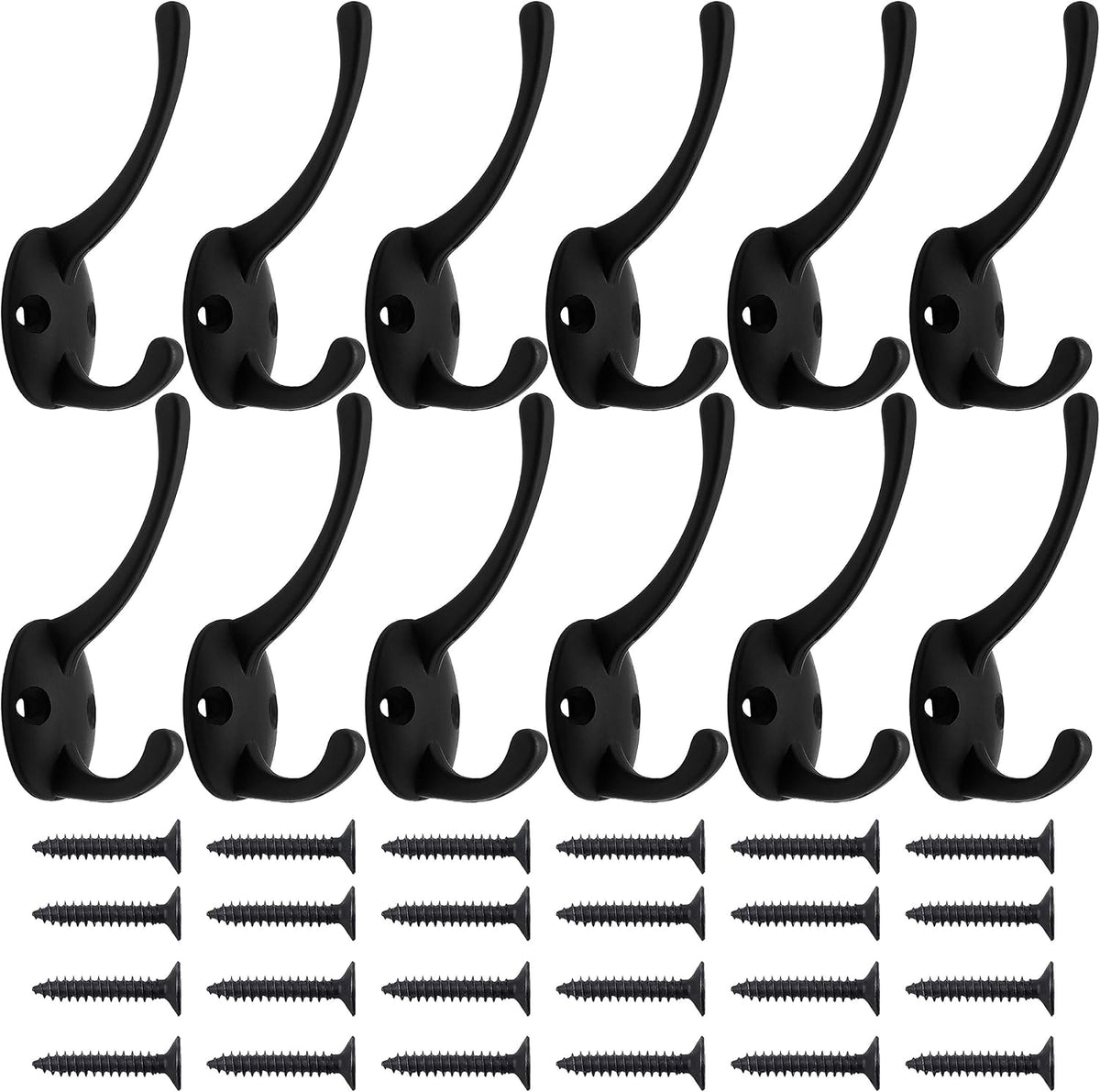 IBosins 12 Pack Black Double Coat Hooks Wall Mounted with 24 Screws
