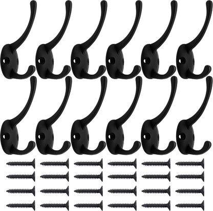 IBosins 12 Pack Black Double Coat Hooks Wall Mounted with 24 Screws