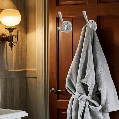 TOFIIGREM Brushed Nickel Wall Hooks Towel Hooks, 2 Pack Coat Robe Hook Heavy Duty Bathroom Double Hook Wall Mounted, Hand Towel Hooks for Closet Entryway Cubicle Kitchen
