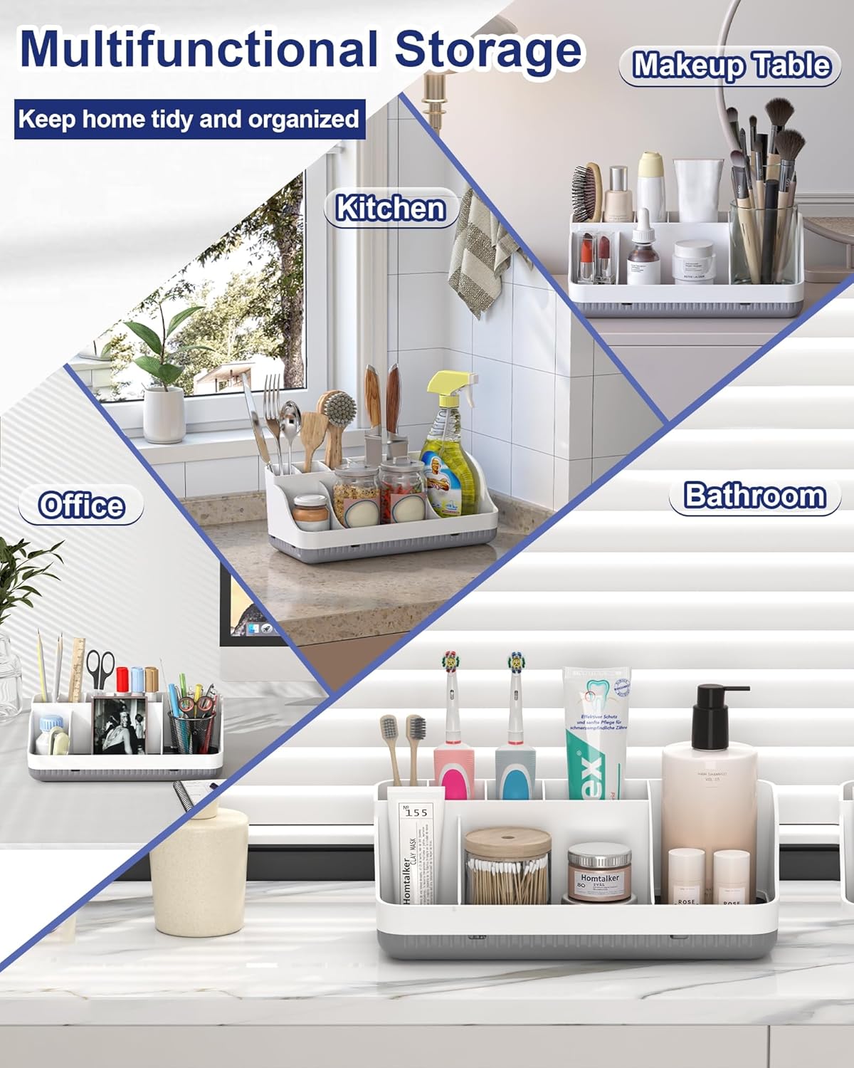 Bathroom Counter Organizer and Storage, 7 Slots Detachable Toothbrush Holders for Bathrooms, Anti-Slip Electric Toothbrush and Toothpaste Holder Countertop Vanity Organizer Accessories for Adults Kids