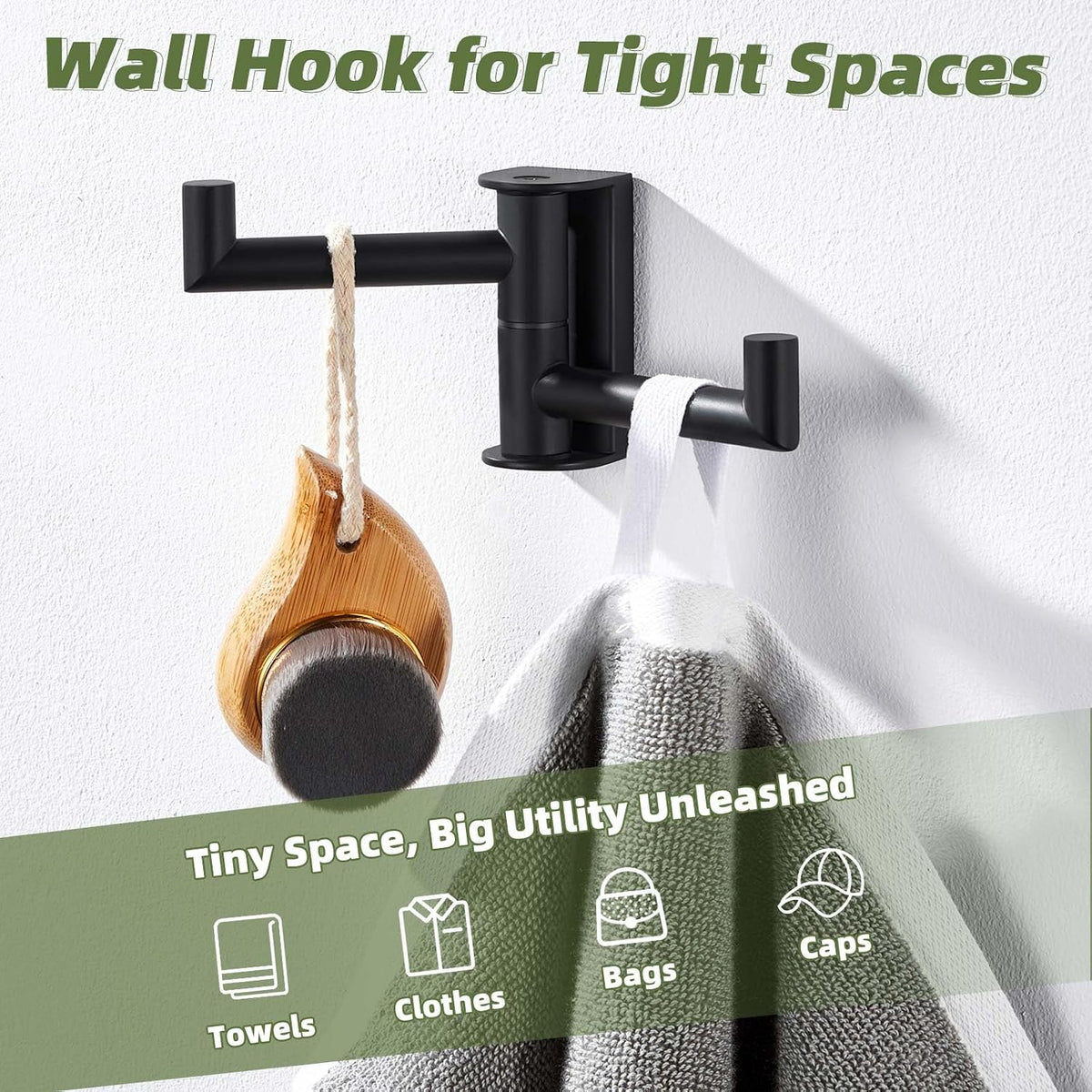 APLusee Swivel Towel Hook for Bathrooms with 2 Rotating Arms, Matte Black