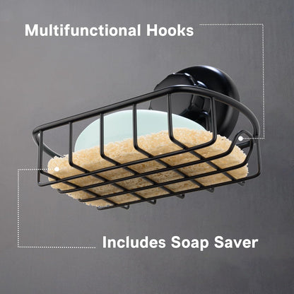 HASKO accessories Suction Soap Dish with Hooks - Super Powerful Vacuum Suction Cup Shower Soap Holder - Rustproof Stainless Steel SS304 Soap Basket - Sponge Holder for Bathroom & Kitchen (Black)