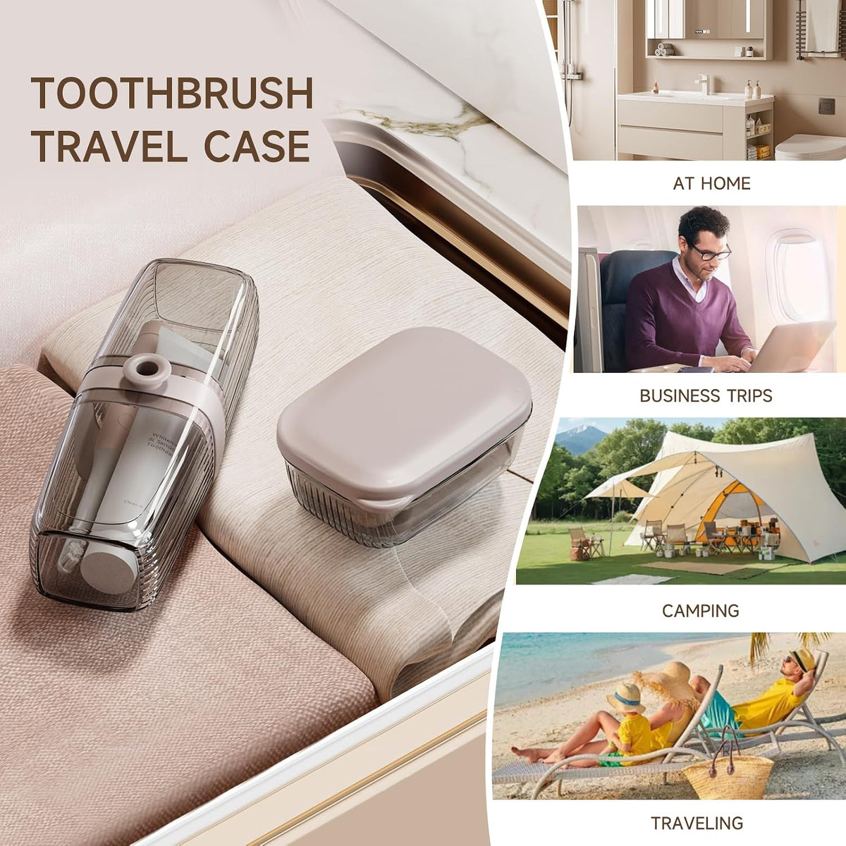Topavatop Toothbrush Travel Case, 2 in 1 Toothbrush Holder and Rinse Cup, Large Capacity Toothbrush Cup with Cover, Portable Travel Toothbrush Holder for Traveling, Camping, Trip - 1Pcs - Beige&Clear