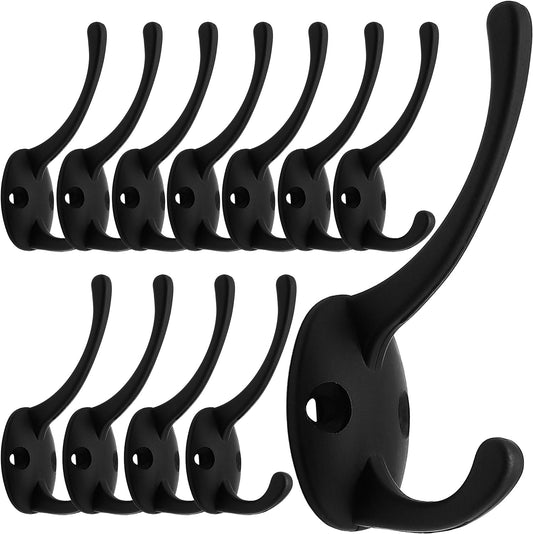 IBosins 12 Pack Black Double Coat Hooks Wall Mounted with 24 Screws