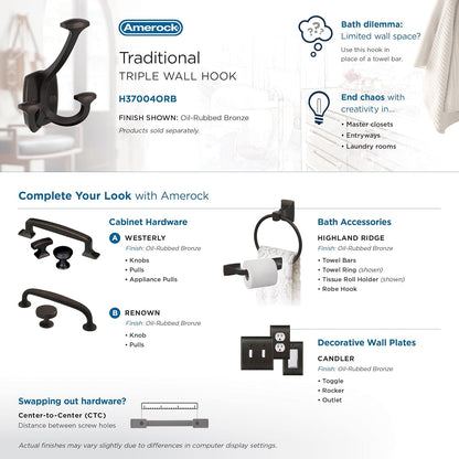 Amerock Vicinity Triple Prong Oil-Rubbed Bronze Wall-Mounted Hook