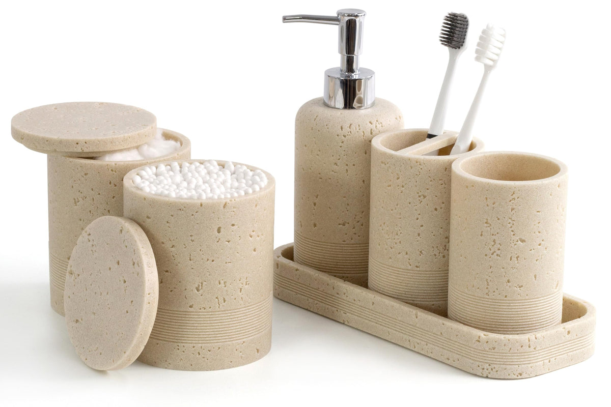 Bathroom Accessories Set, 6-Piece Bathroom Accessory Set, Toothbrush Holders Set, Soap Dispenser, Vanity Tray, Tumbler, Cotton Swab Jars, Bathroom Organizer for Modern Bathrooms(Beige)