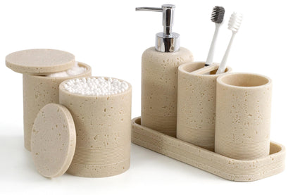 Bathroom Accessories Set, 6-Piece Bathroom Accessory Set, Toothbrush Holders Set, Soap Dispenser, Vanity Tray, Tumbler, Cotton Swab Jars, Bathroom Organizer for Modern Bathrooms(Beige)