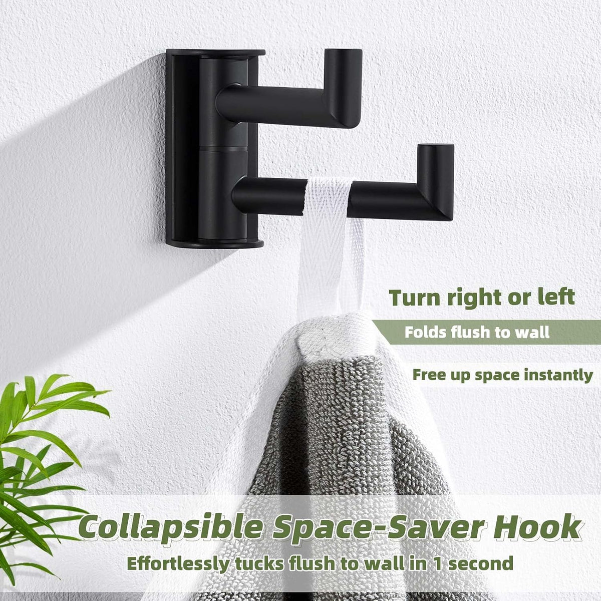 APLusee Swivel Towel Hook for Bathrooms with 2 Rotating Arms, Matte Black